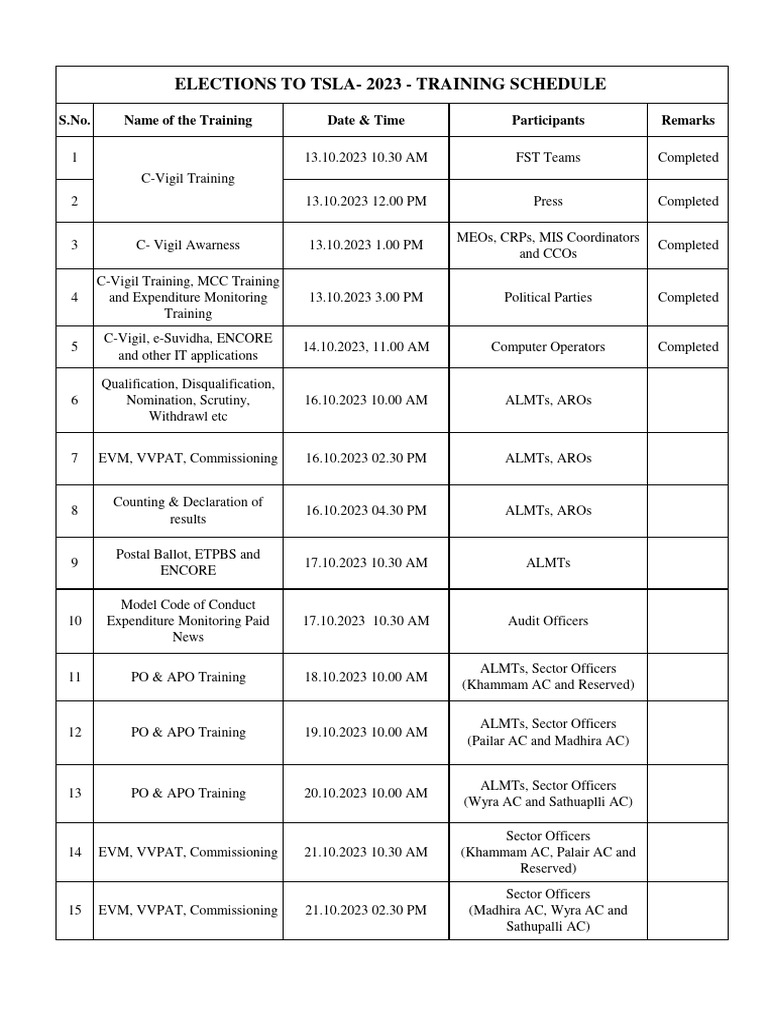 Election Training Schedule Download Free PDF Political Events