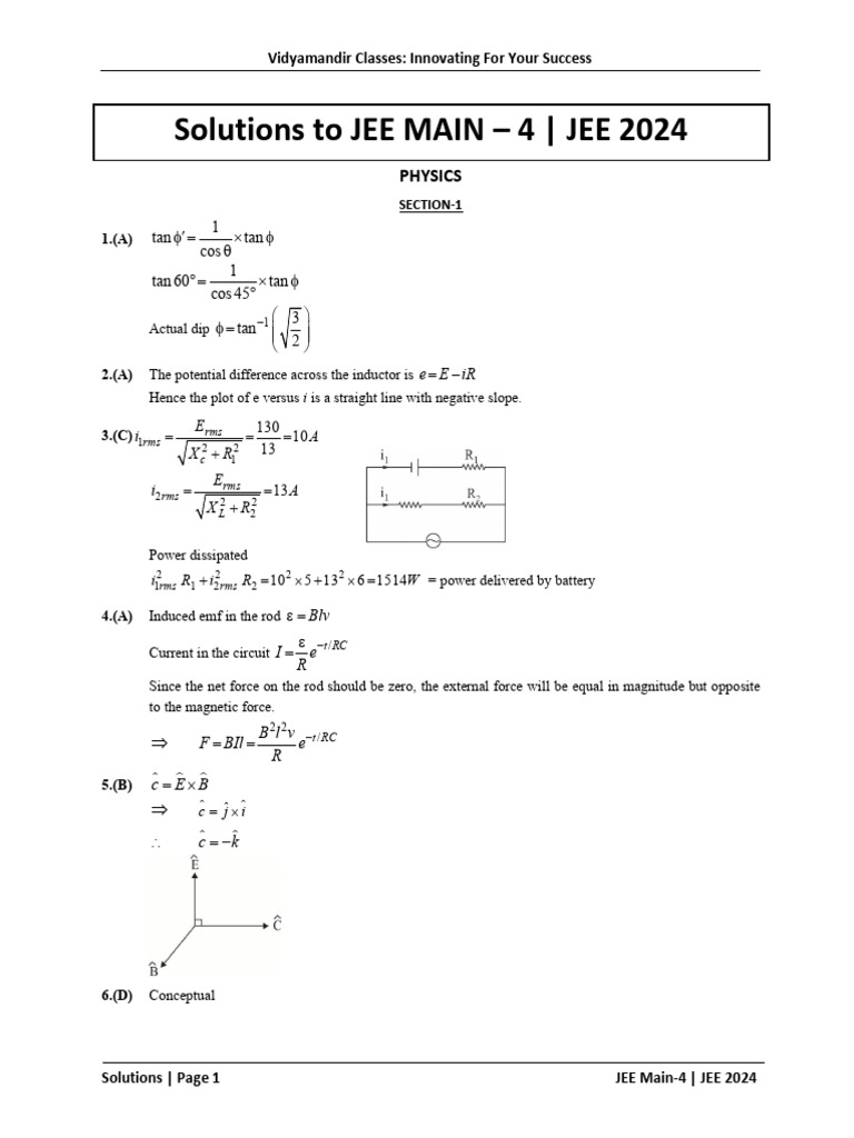 2024 JEE Main 4 Solutions PDF