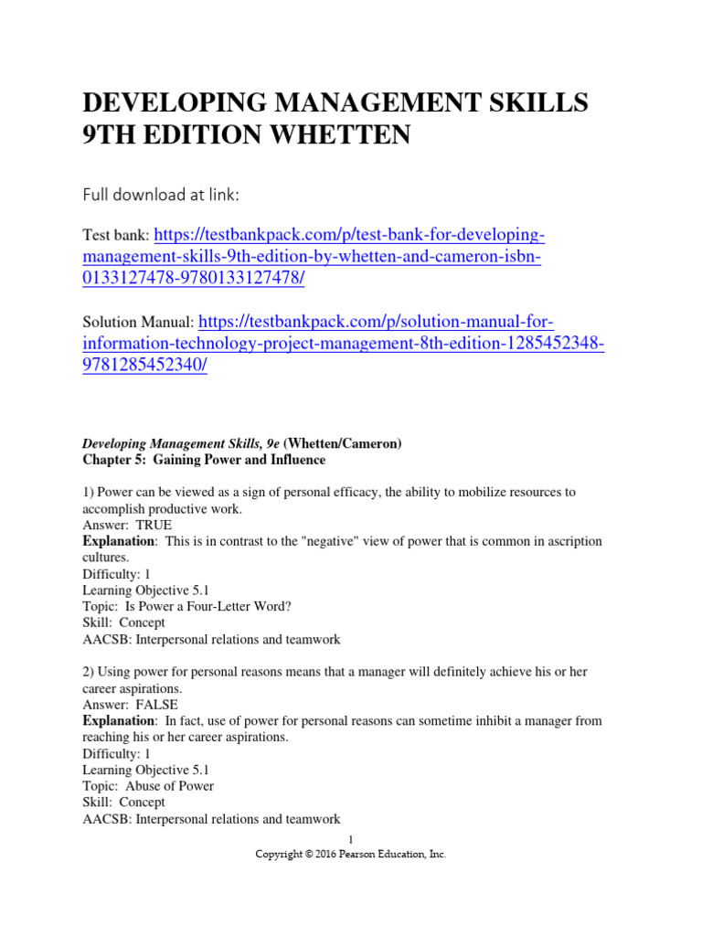 Developing Management Skills 9th Edition Whetten Test Bank 1 | PDF