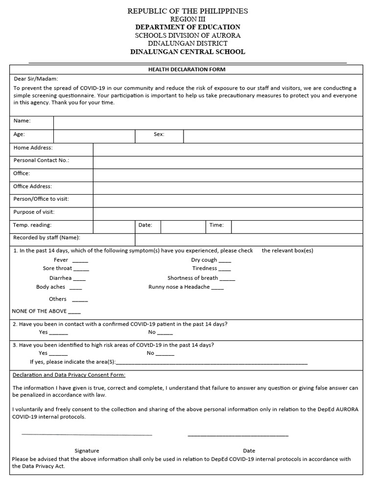Health Declaration Form Central Download Free PDF Diseases And Disorders Clinical Medicine