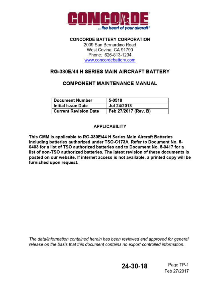 Rg380E/44 H Series Main Aircraft Battery Component Maintenance Manual