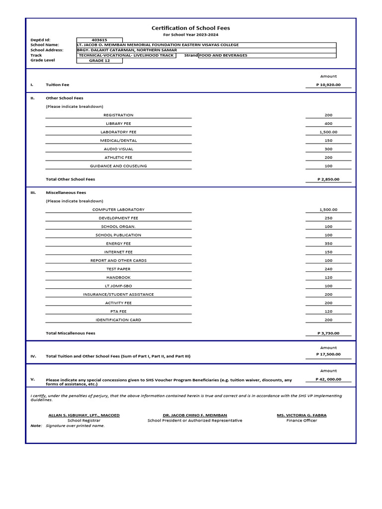SHS - VP - Certification - of - School - Fees G12 2023-2024 | PDF