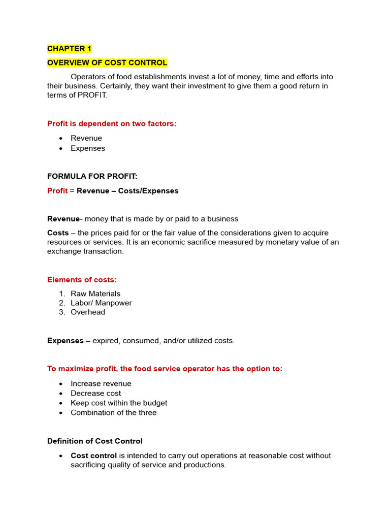 Food and Beverage Cost Control Midterms Reviewer PDF