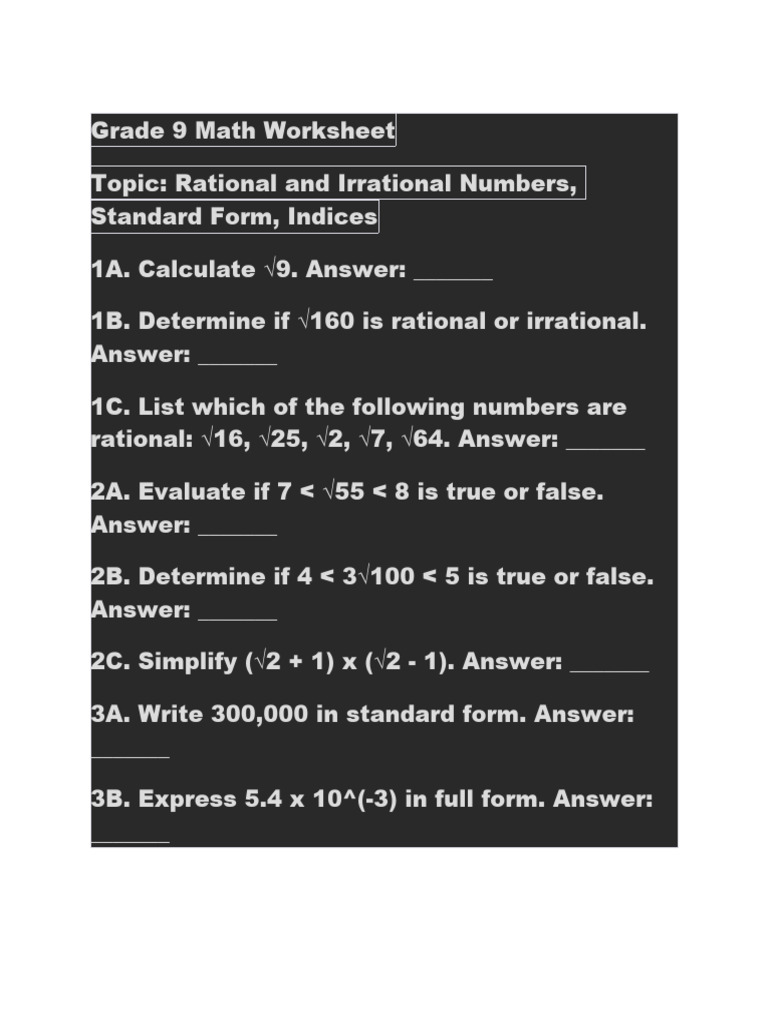 Grade 9 Math Worksheet 1 | PDF