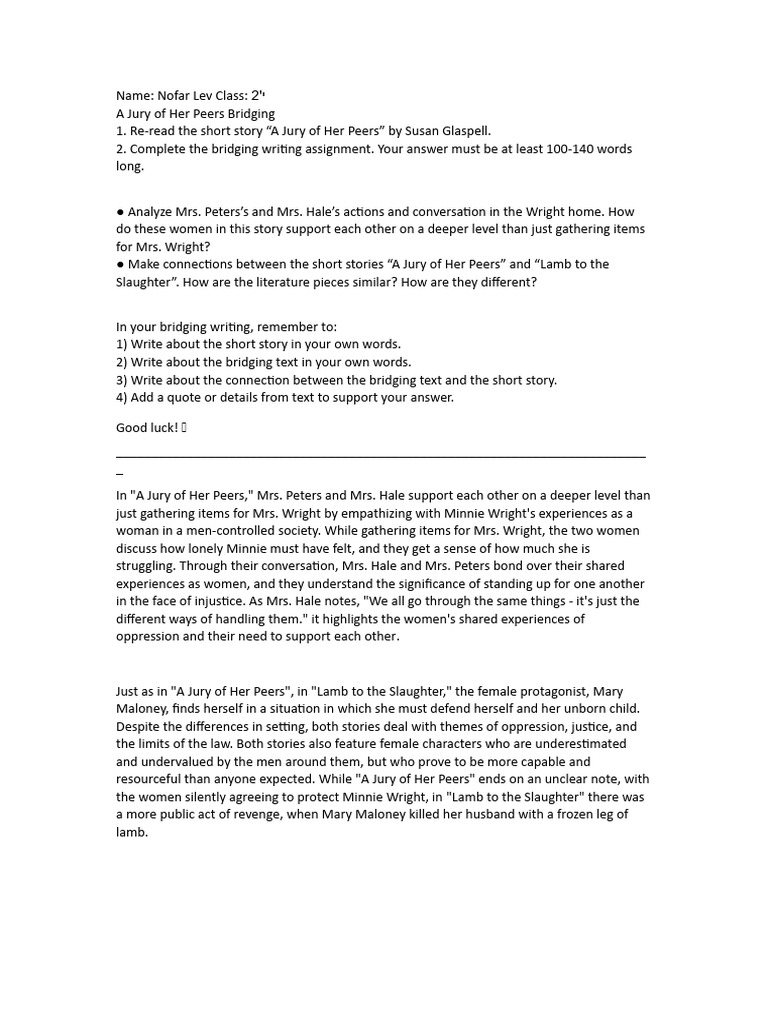 A Jury of Her Peers Post Reading PDF