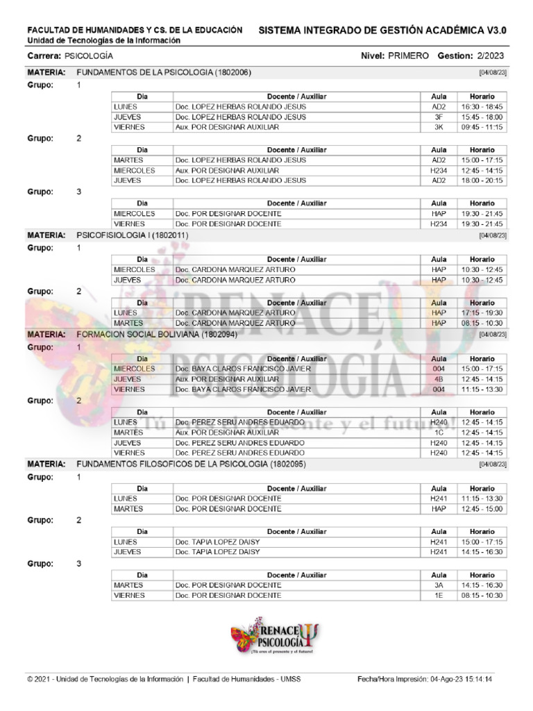Horarios Psicología 22023 | PDF