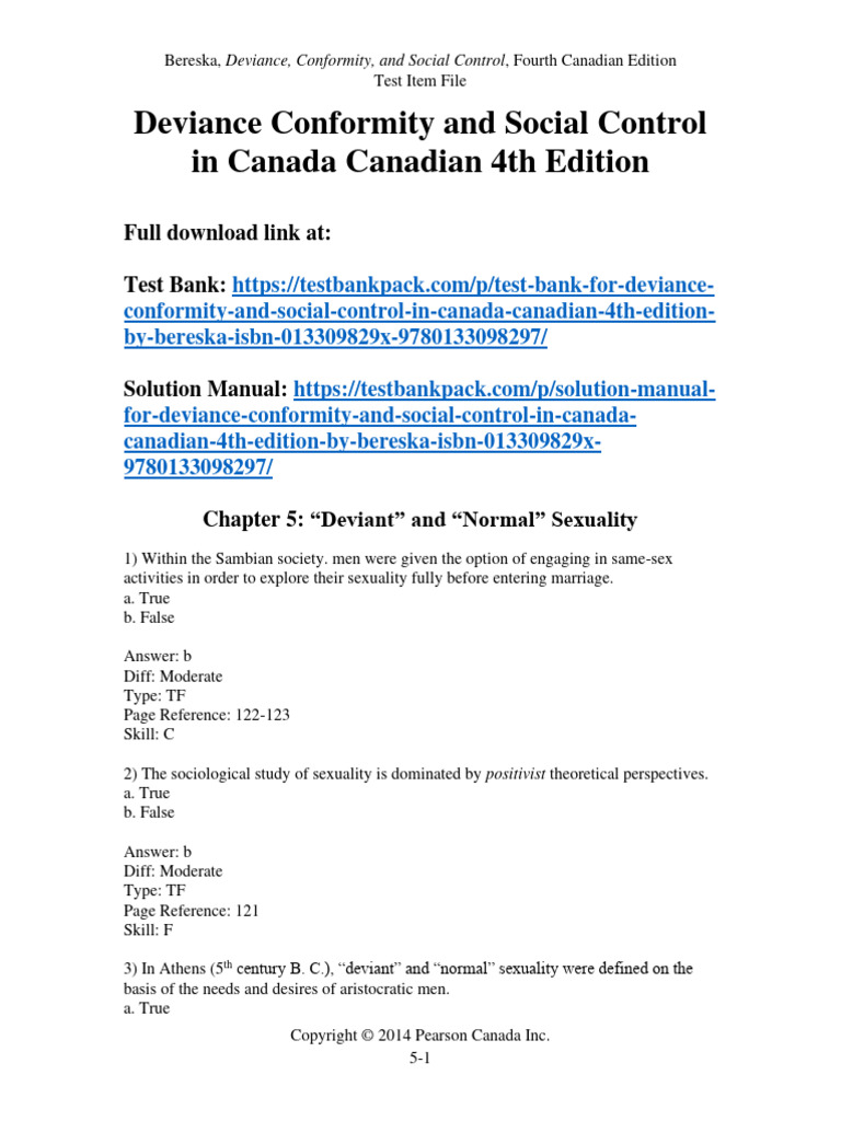 Deviance Conformity and Social Control in Canada Canadian 4th Edition Bereska Test Bank 1 PDF