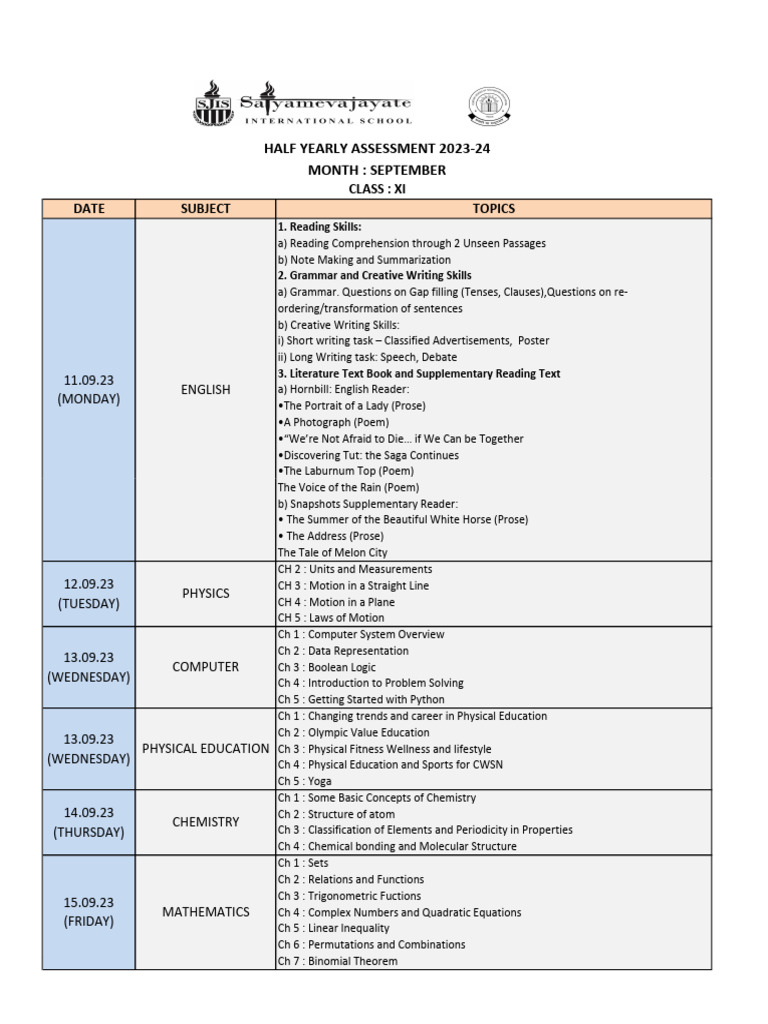 STD Xi Half Yearly Assessment Revised Time Table | PDF | Chemistry ...