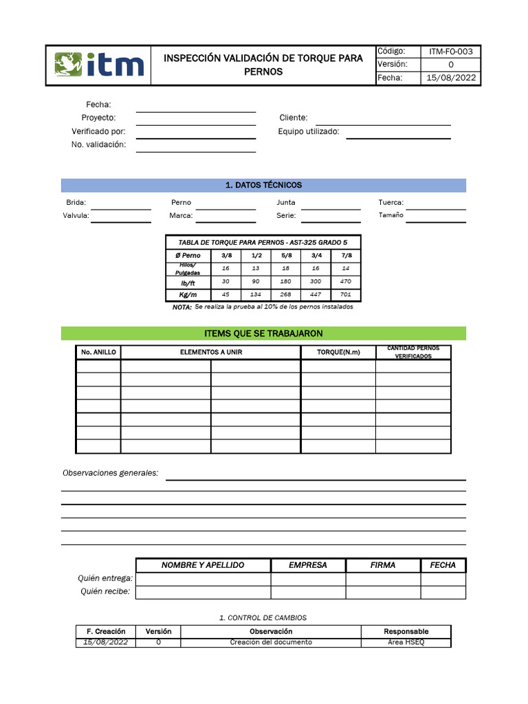 Itm-Fo-003 Formato Validación Torque | PDF