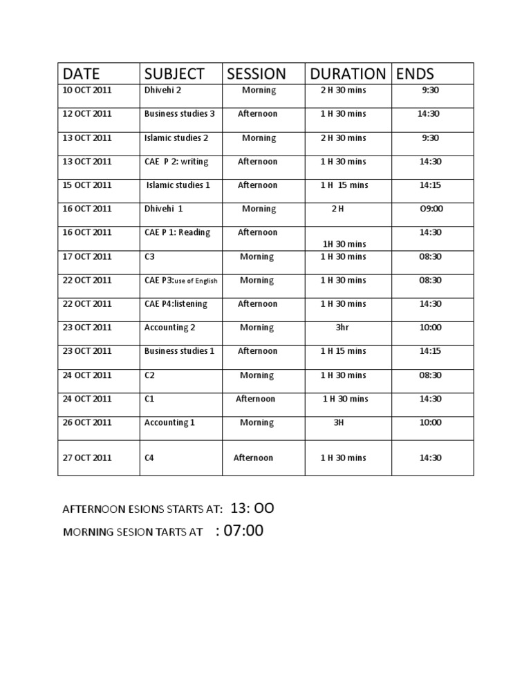 Exam time table pdf