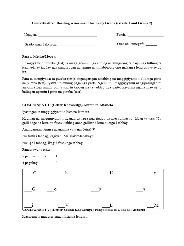POST TEST - Reading Assessment For Early Grade 1 FINAL | PDF