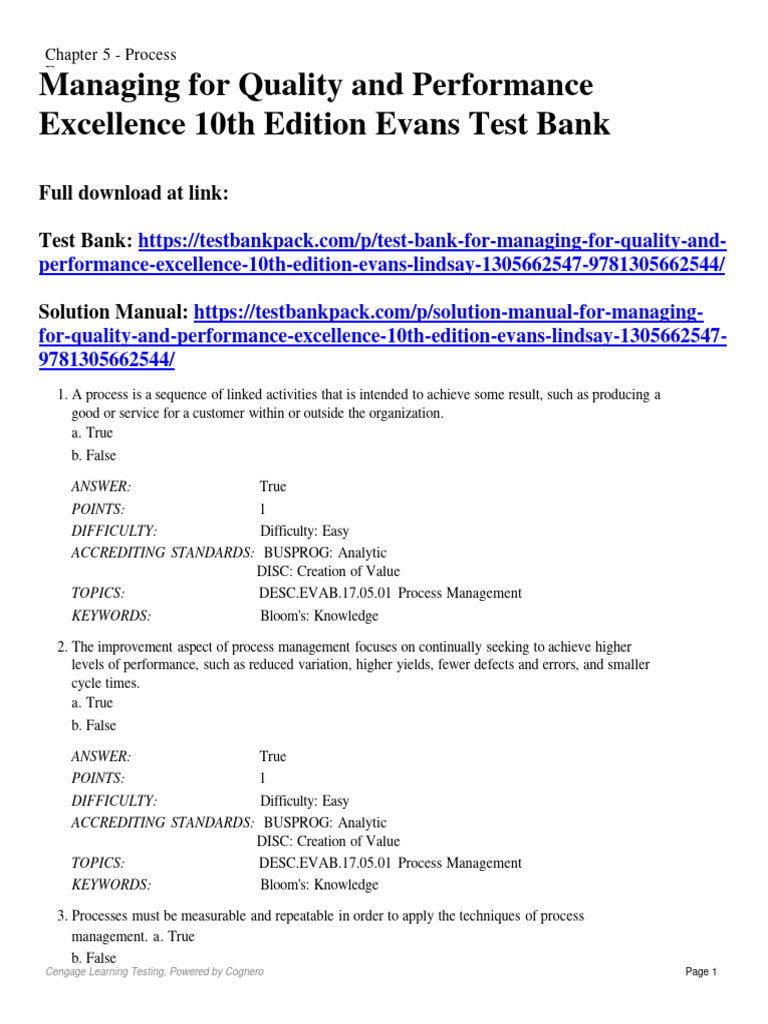 Managing For Quality and Performance Excellence 10th Edition Evans Test ...
