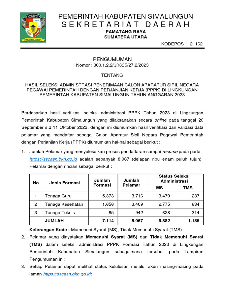 Pengumuman Hasil Seleksi Administrasi Casn Kab. Simalungun Tahun 2023 PDF
