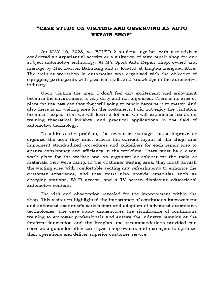 Auto Repair Shop Improvement Case Study | PDF | Career & Growth