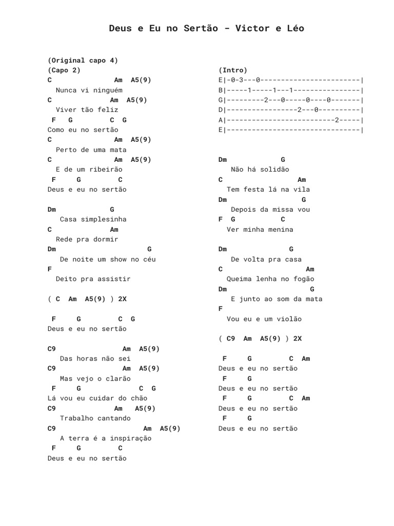 Cifras e Letra: Deus e Eu no Sertão | PDF