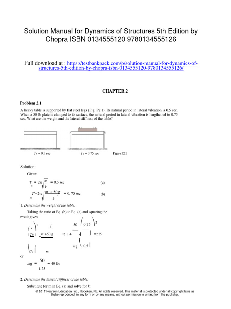 Solution Manual For Dynamics of Structures 5th Edition by Chopra ISBN ...