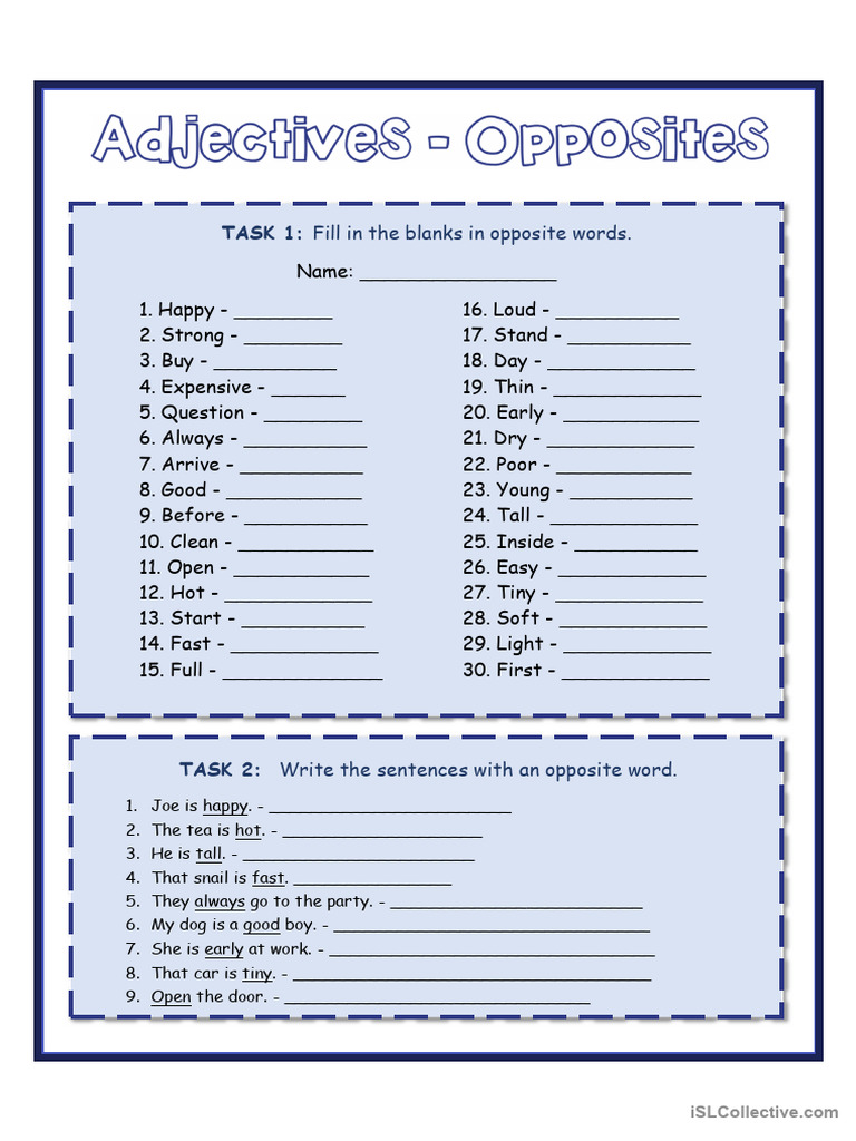 Adjectives Opposites Pdf