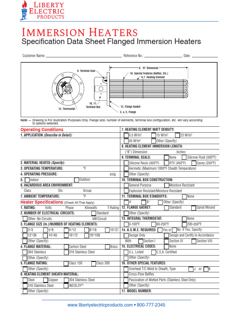 Immersion Heater Specification Data Sheet PDF Electric Heating