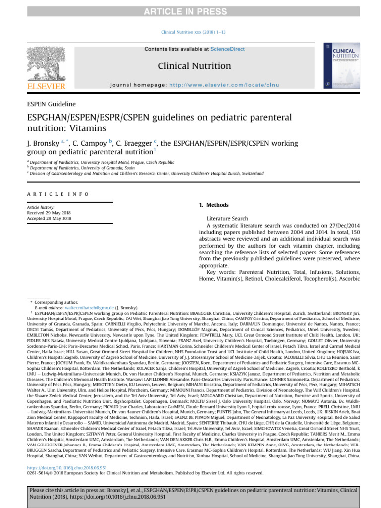 ESPGHAN ESPEN ESPR CSPEN Guidelines On Pediatric Parenteral