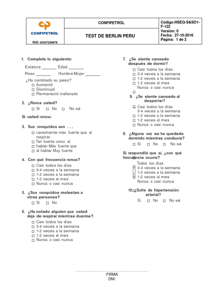 Test de Berlín: Evaluación de Ronquidos y Cansancio | PDF | Relaciones ...