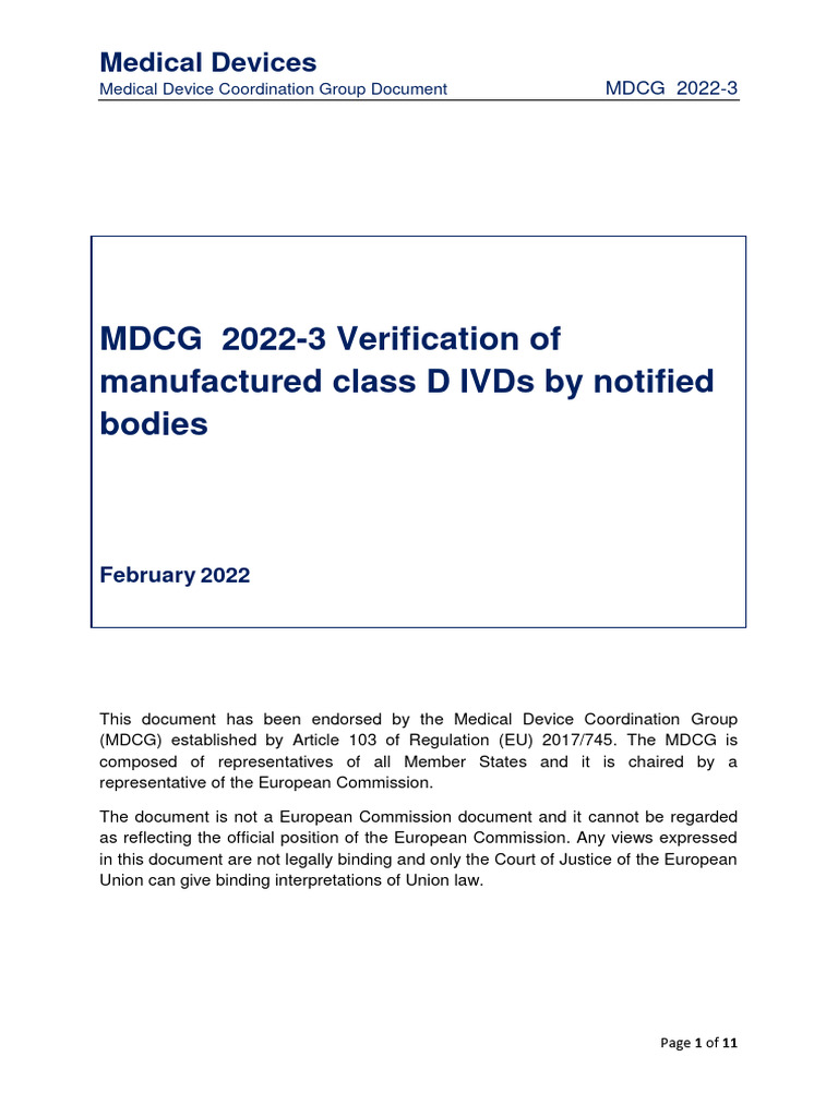 MDCG 20223 Verification of Manufactured Class D IVDs by Notified