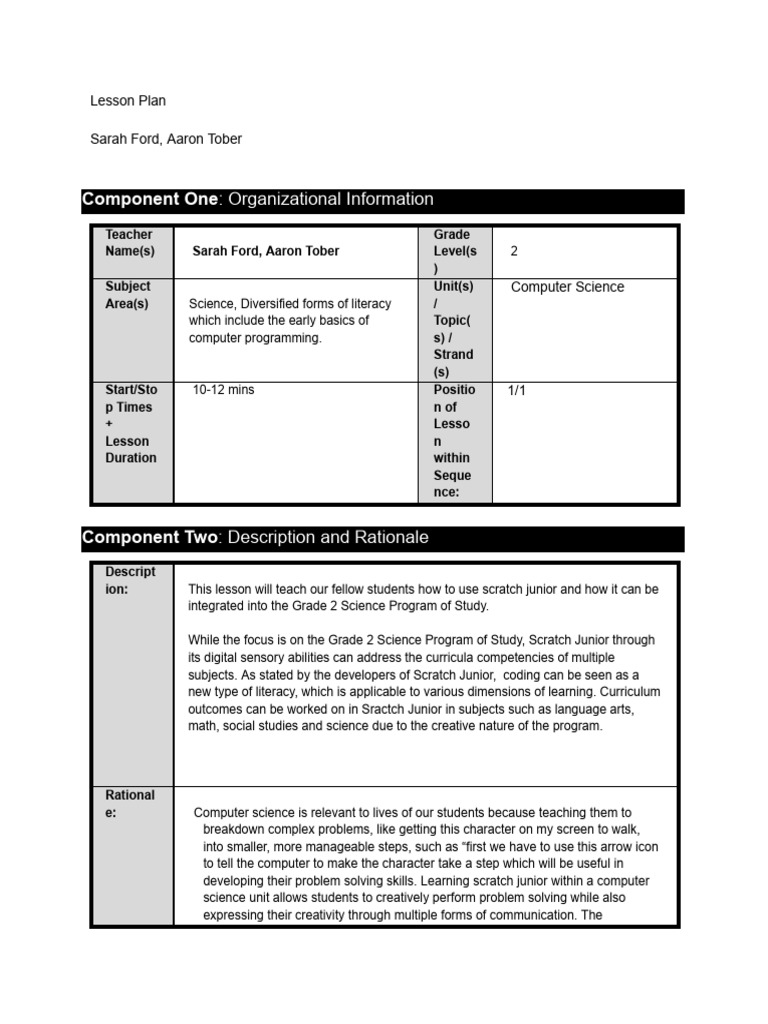 MicroTeach Lesson Plan Scratch Junior PDF Curriculum Learning