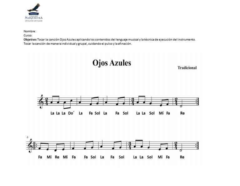 3 básico Guía canción Ojos azules PDF