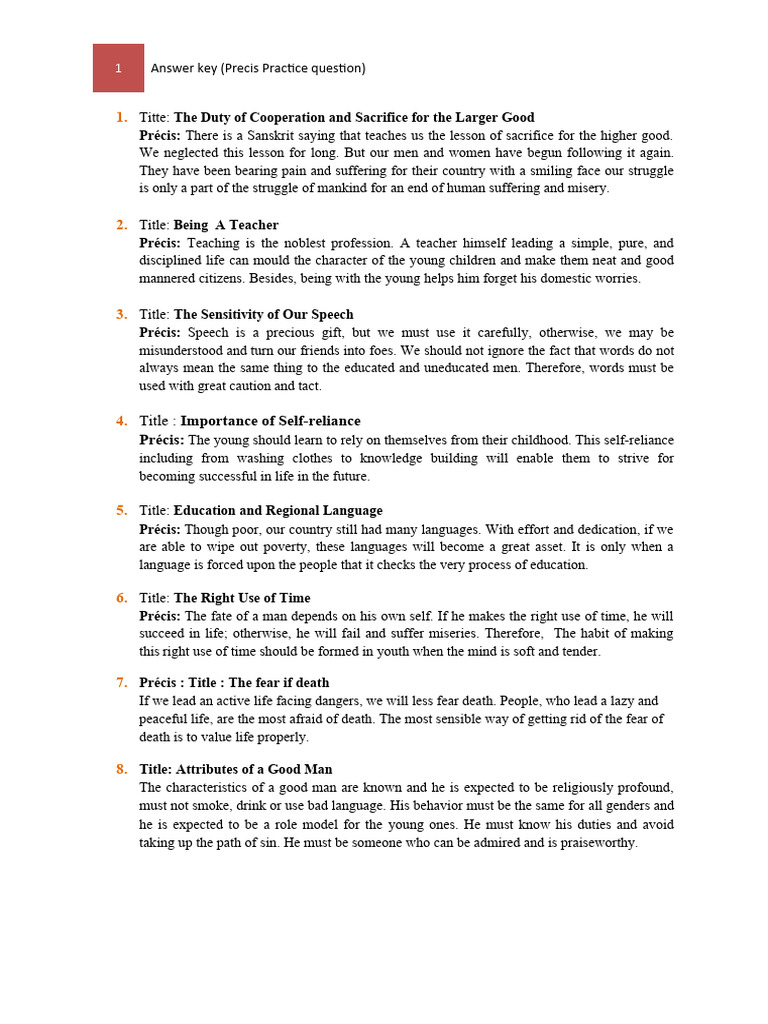 Answer key precis practice question pdf