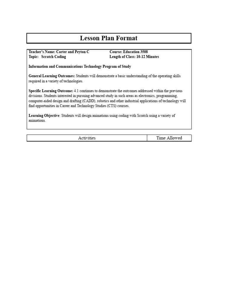 Ed 3508 Scratch Lesson Plan 1 PDF Scratch (Programming Language