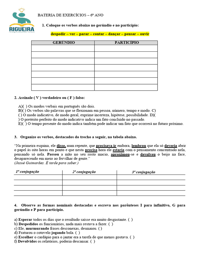 Execicios- Verbo e Locução Verbal 6 Ano | PDF | Linguística | Famílias ...