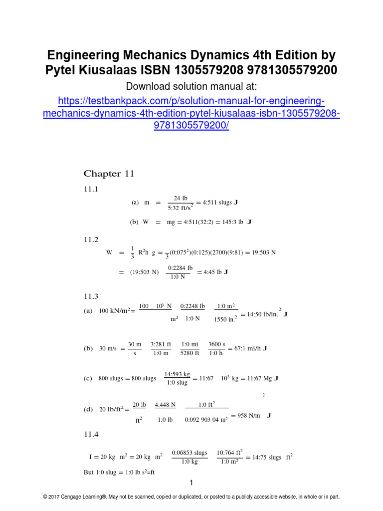 Engineering Mechanics Dynamics 4th Edition Pytel Solutions Manual 1 ...