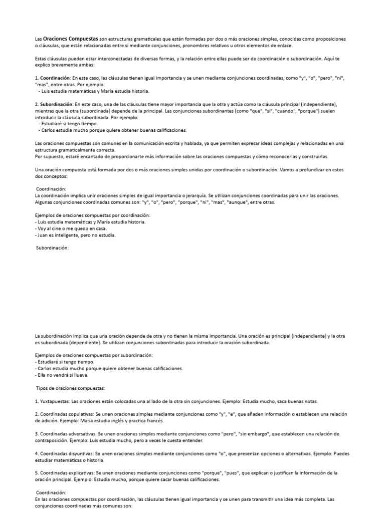 Oraciones Compuestas: Tipos y Ejemplos | PDF | Artes del Lenguaje y ...