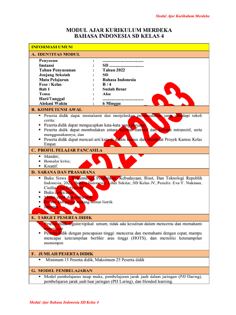 Modul Ajar Bahasa Indonesia Kurikulum Merdeka Kelas 4 SD | PDF