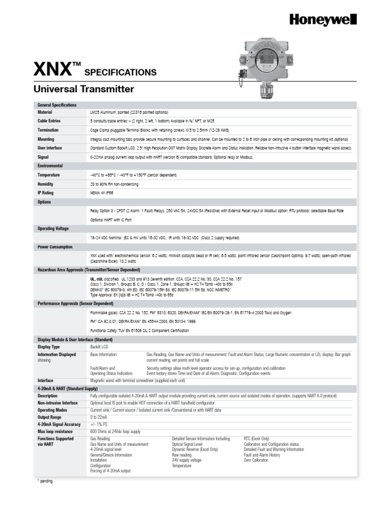 Honeywell XNX Universal Transmitter Gas Detector Specifications PDF
