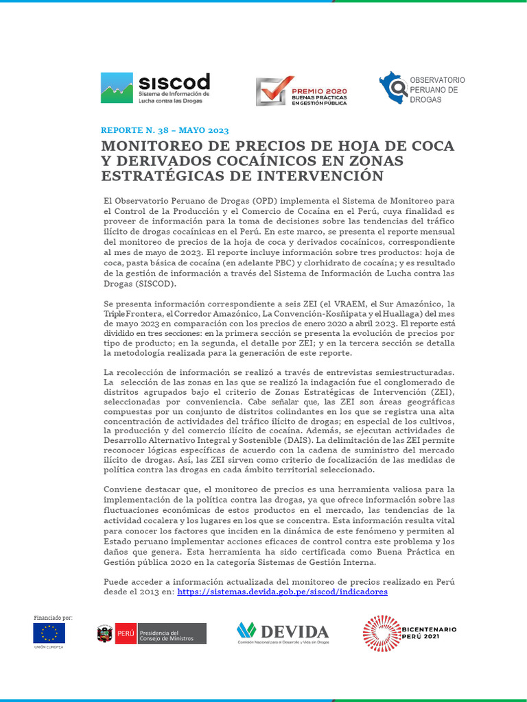 Monitoreo de Precios de Hoja de Coca y Derivados Cocainicos en Zonas