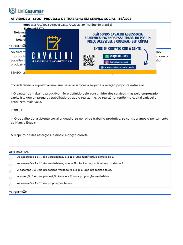 Atividade 2 - Ssoc - Processo de Trabalho em Serviço Social - 54-2023 | PDF
