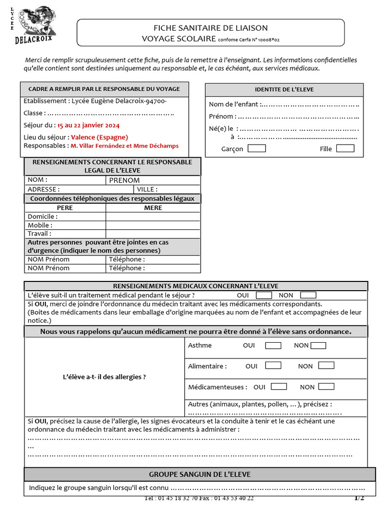 Fiche Sanitaire Liaison PDF