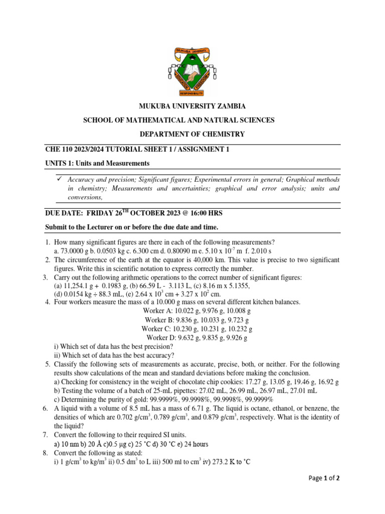 Tutorial Sheet 1 For Che 110 20232024 Intake PDF Significant