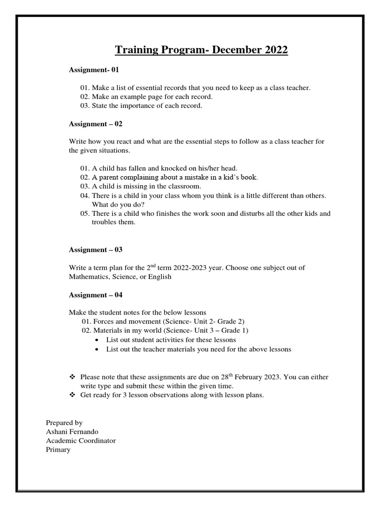Training Program Assignments | PDF