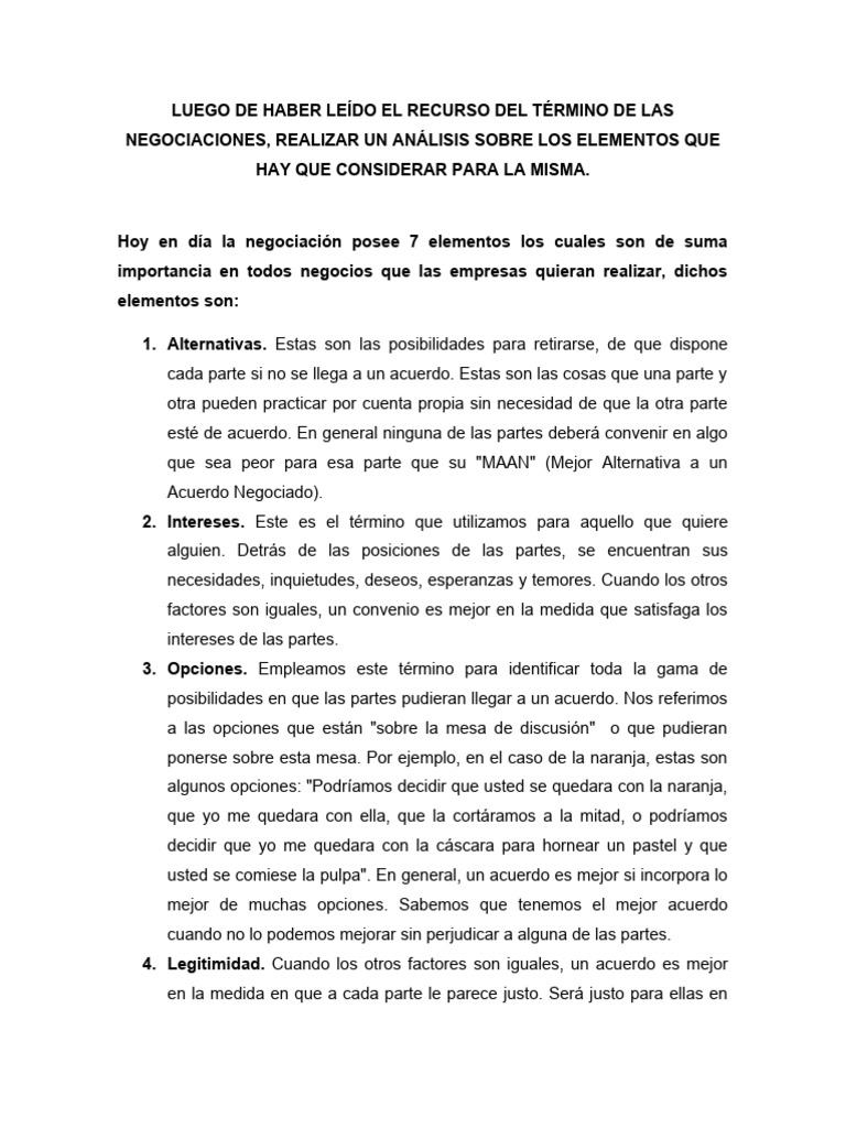 Análisis De Los Elementos De Negociacion Pdf Negociación