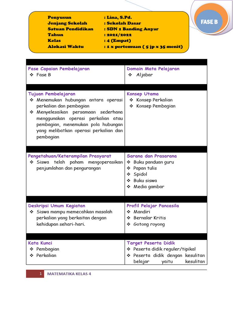 Modul Ajar Matematika Kelas 4 | PDF | Karier & Perkembangan