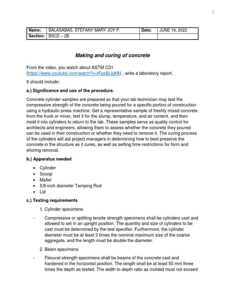 Making and Curing Concrete Cylinders | PDF | Technology & Engineering