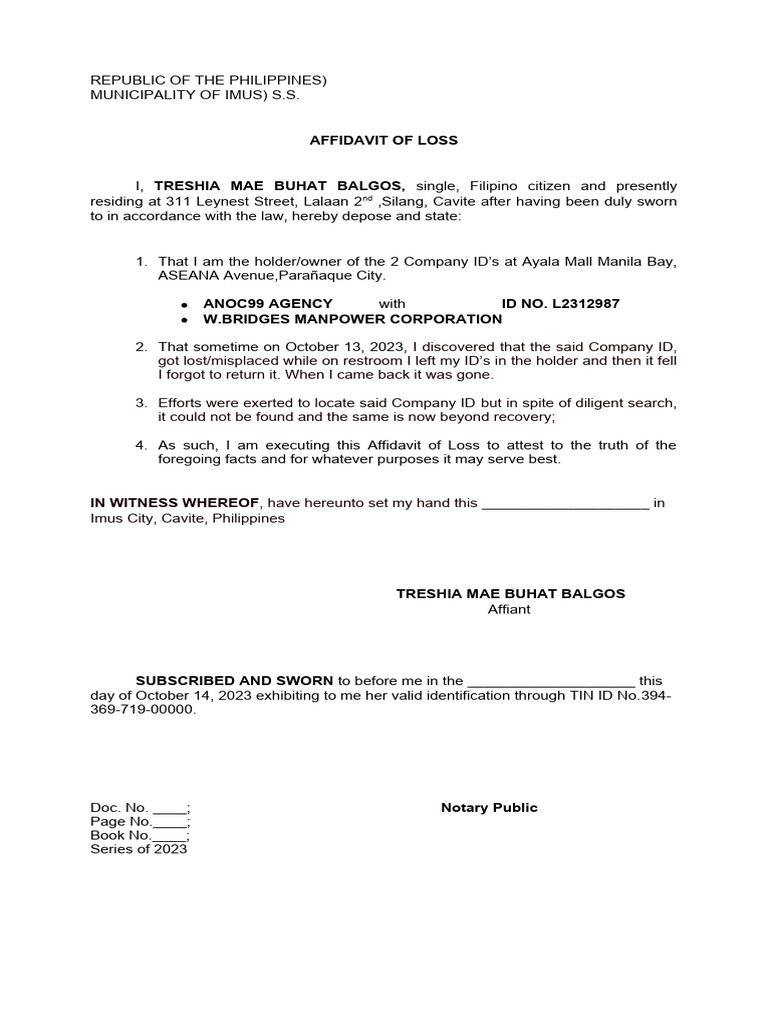 Affidavit of loss id s id pdf
