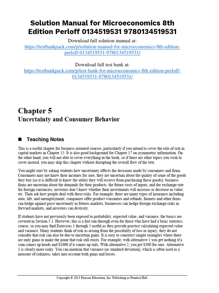 Microeconomics 8th Edition Pindyck Solutions Manual 1 | PDF | Financial Risk | Risk Aversion