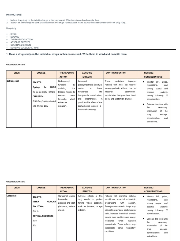Comprehensive Drug Study on ANS Medications | PDF | Causes Of Death ...