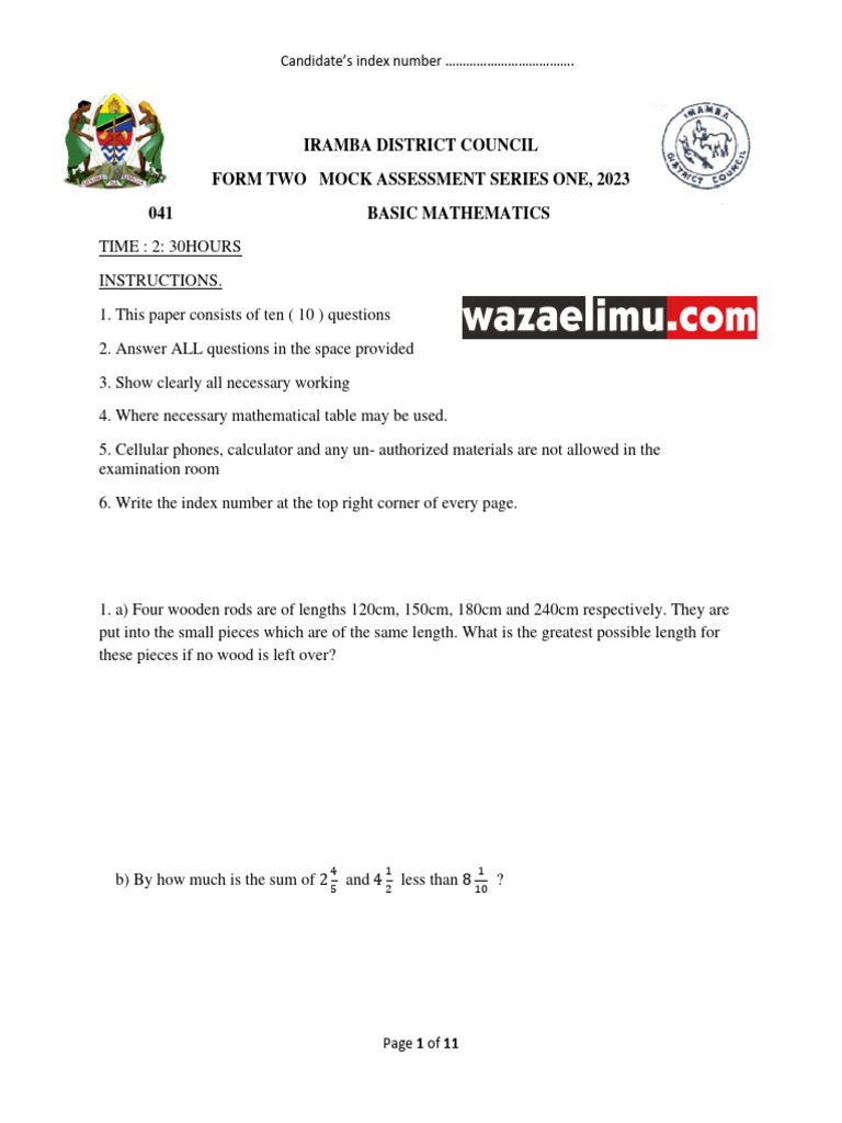 Form Two Mock Mathematics Assessment | PDF