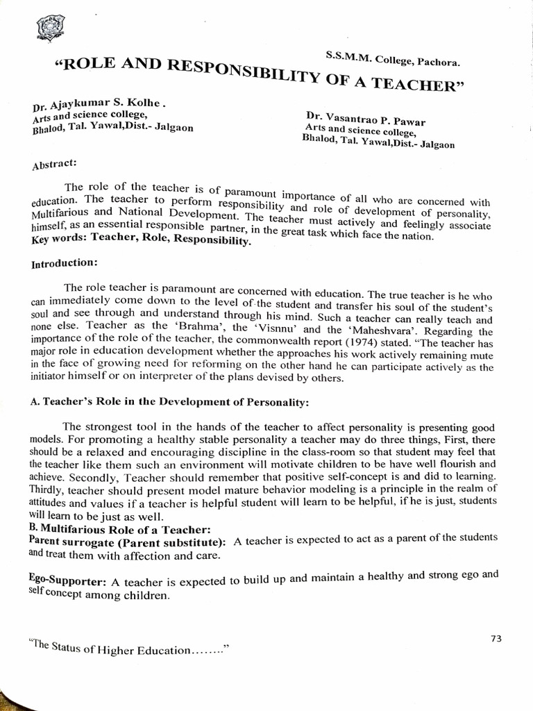 Teacher's Role and Responsibilities in Education | PDF | Teachers ...