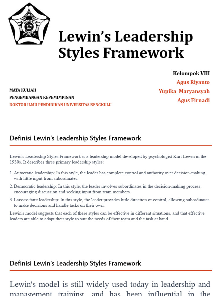 Lewin's Leadership Styles Framework (Presentasi) | PDF