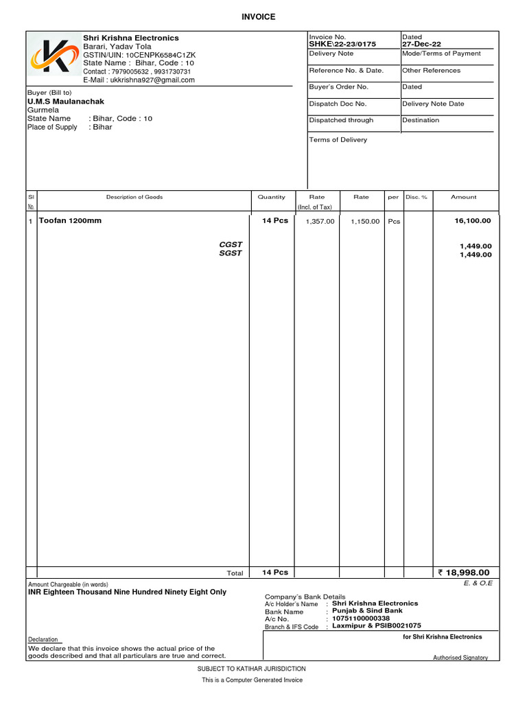 Invoice for Toofan Fans Purchase | PDF