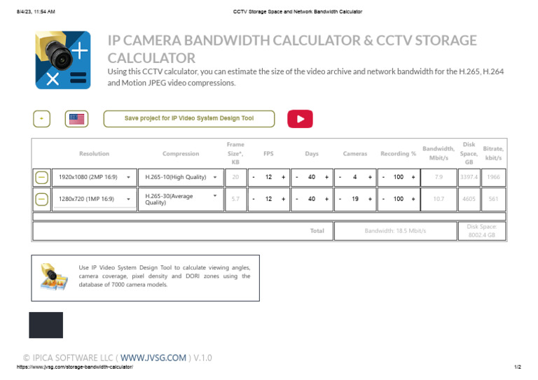 CCTV Storage Space and Network Bandwidth Calculator PDF Bit Rate